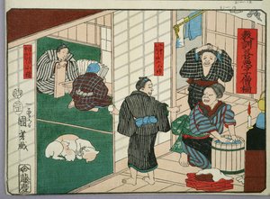Enseñanza moral para dependientes, dando buenos y malos ejemplos de comportamiento, 1857 de Utagawa Kuniyoshi